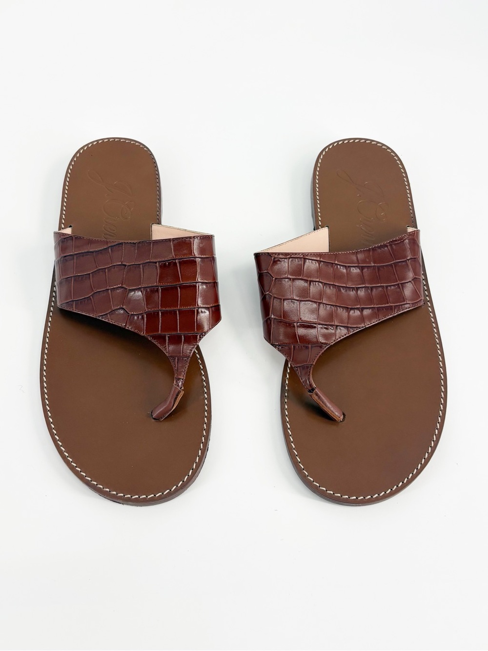 J. Crew Wide Strap Thong Sandals in Croc-Embossed Brown Leather